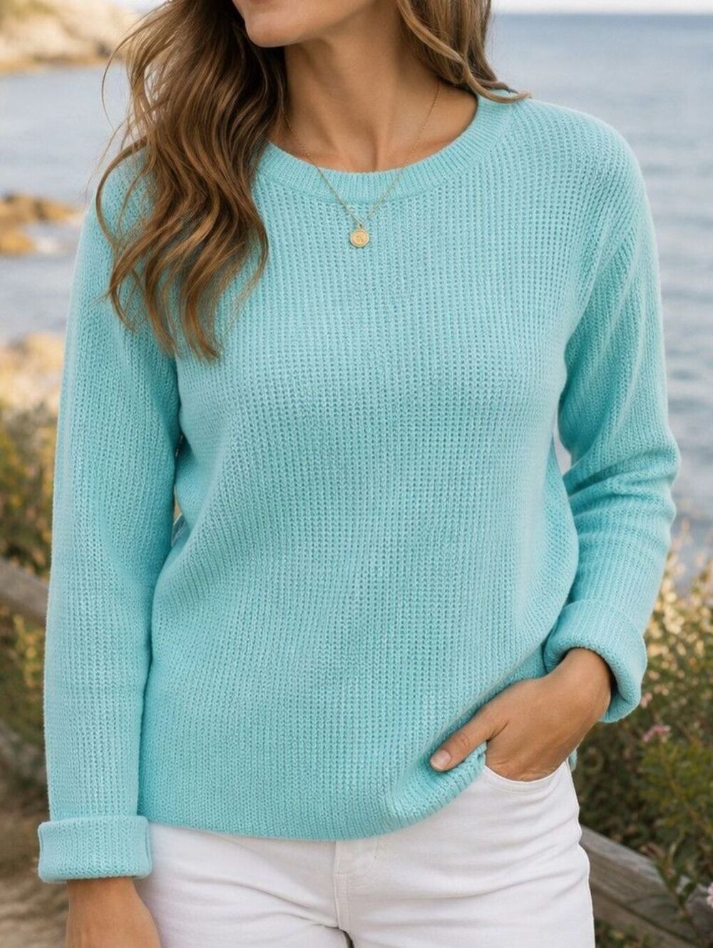 Talbots Oversized XS $98 Cotton Wool Blend Aqua Teal Blue Waffle Knit Sweater